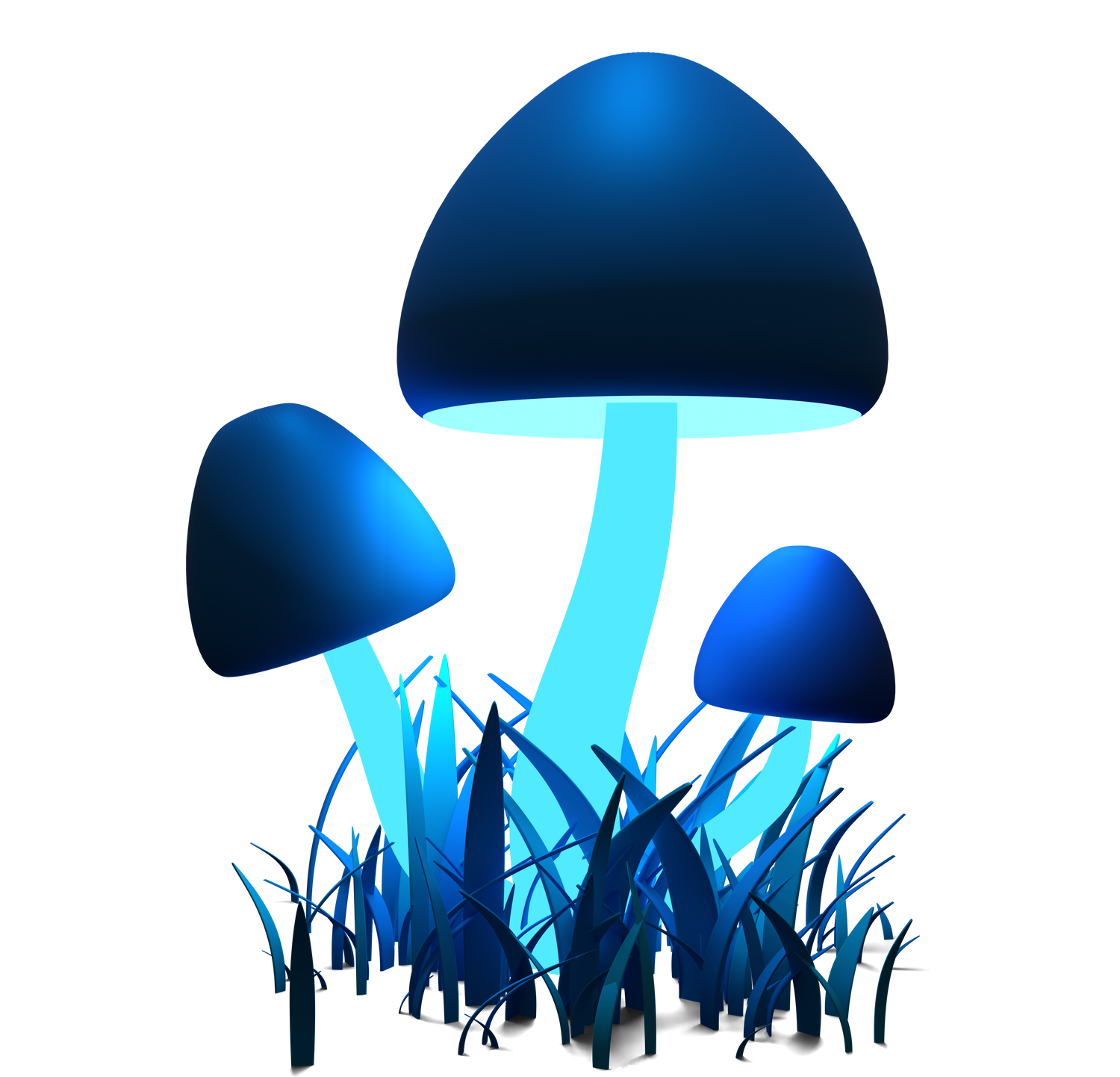 3D magical blue mushrooms. Glowing mushrooms and grass. Fantasy cartoon mushrooms. 3D rendering. 3D illustration